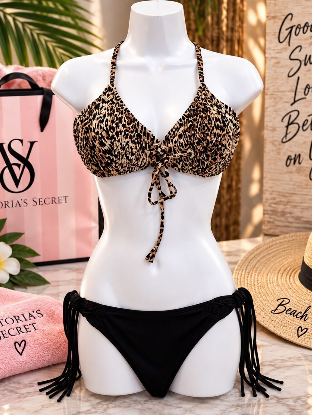 Victoria's Secret Swimsuit Bikini Set Leopard Print Top Black Fringe Bottom XL